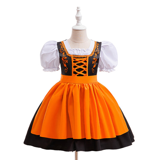 Orange Satin Princess Tea Length Dress for Girls - Puff Sleeves & Ruffles | Party, Halloween, Cosplay