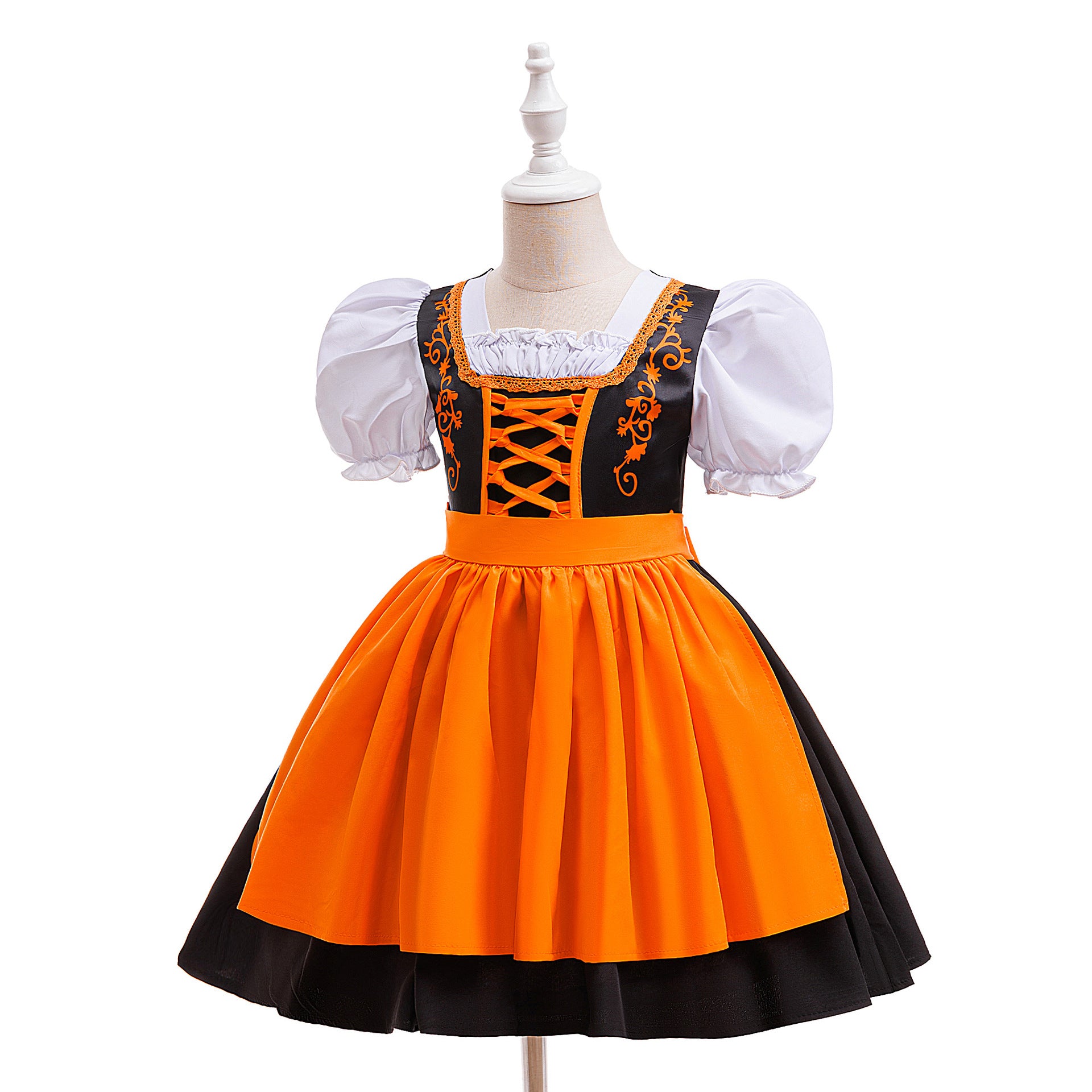 Orange Satin Princess Tea Length Dress for Girls - Puff Sleeves & Ruffles | Party, Halloween, Cosplay