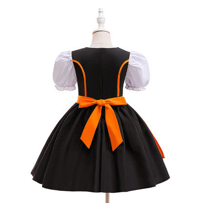 Orange Satin Princess Tea Length Dress for Girls - Puff Sleeves & Ruffles | Party, Halloween, Cosplay