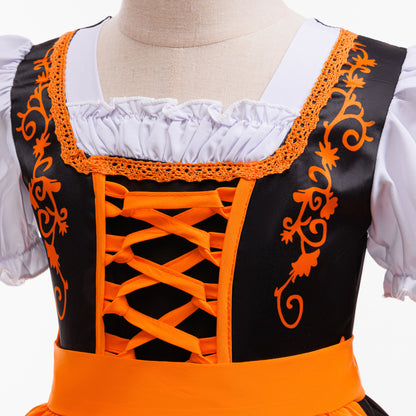 Orange Satin Princess Tea Length Dress for Girls - Puff Sleeves & Ruffles | Party, Halloween, Cosplay