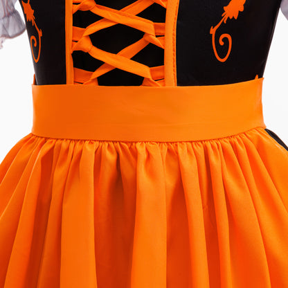 Orange Satin Princess Tea Length Dress for Girls - Puff Sleeves & Ruffles | Party, Halloween, Cosplay