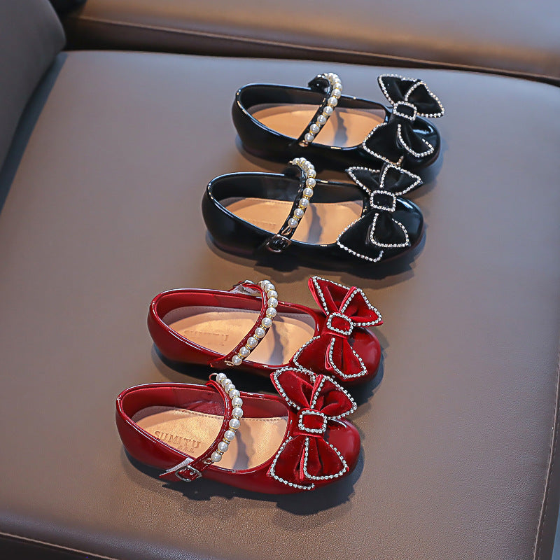 Pearl Bow Sparkly Closed-Toe Dress Shoes for Girls – Party & Flower Girl Shoes