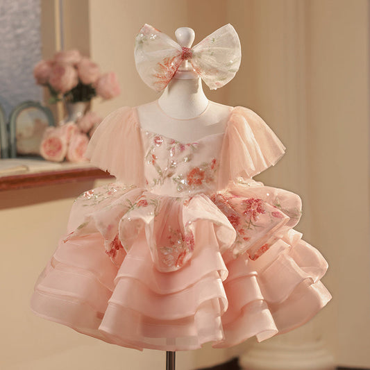 Pink Sequin Ball Gown for Girls – Illusion Neck Short Sleeve Dress