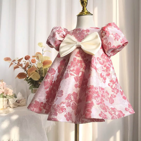 Pink Princess Satin Flower Bow Dress for Girls (12 Months - 12 Years)