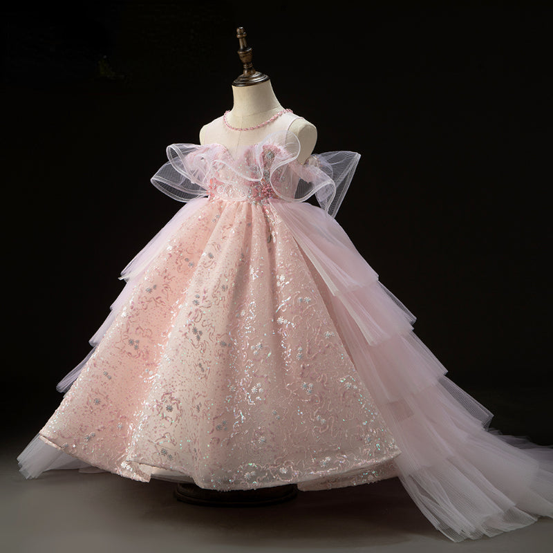 Sequined Pink Girls Ball Gown Dress for Parties & Special Occasions | Age 3-10