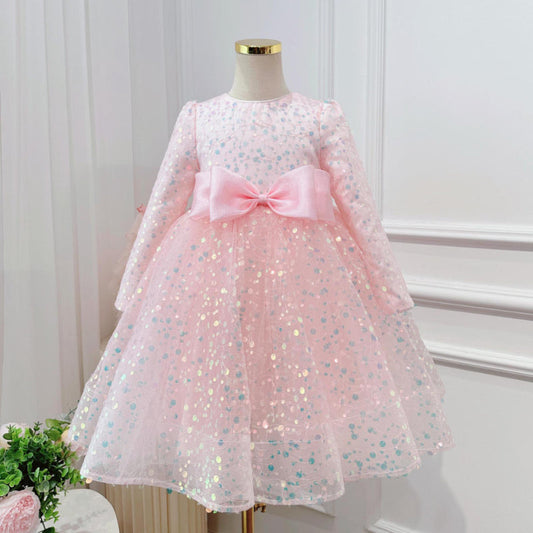 Girls Pink Sequined Long Sleeve Dress | A-Line Tea-Length Special Occasion Dress