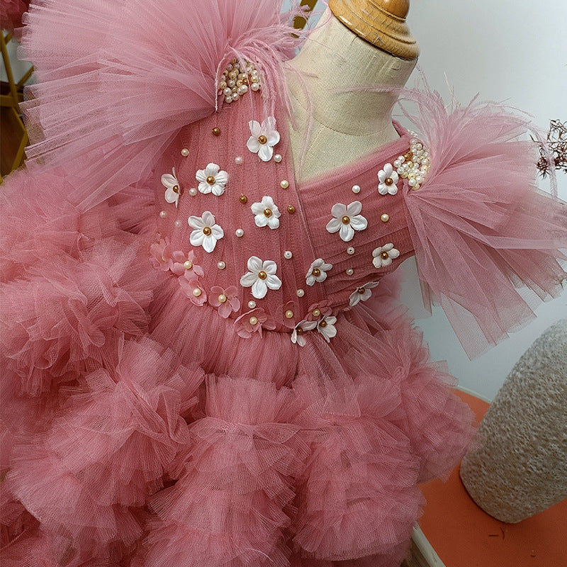 Girls Pink Tulle Ball Gown with Tiered Skirt & 3D Flowers - Special Occasion Dress