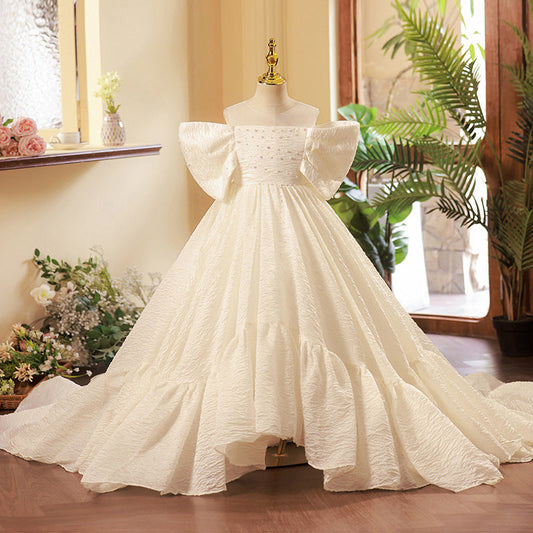 White Princess Illusion Neckline Dress with Bow for Girls - Special Occasion Gown