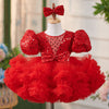 Girls Puffy Sequin Ball Gown with Bows and Tiered Skirt