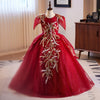 Girls Red Beaded Sequin Ball Gown Floor-Length Dress
