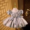Girls Satin Princess Dress with Floral Print and Beaded Bows