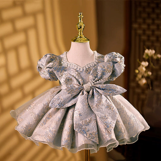 Princess Satin Dress for Girls, Floral Print & Beaded Bow – Perfect for Birthdays & Special Occasions