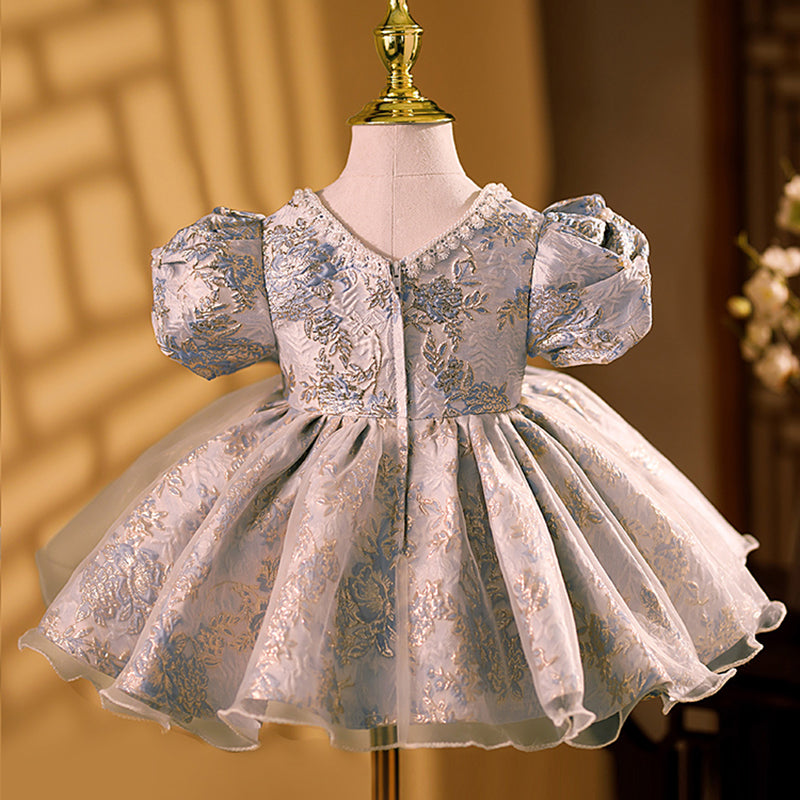 Princess Satin Dress for Girls, Floral Print & Beaded Bow – Perfect for Birthdays & Special Occasions
