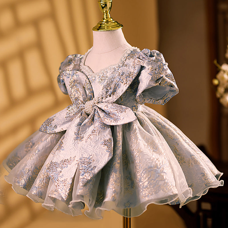 Princess Satin Dress for Girls, Floral Print & Beaded Bow – Perfect for Birthdays & Special Occasions