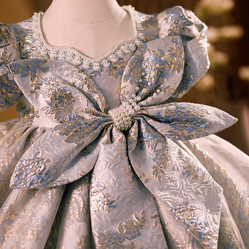 Princess Satin Dress for Girls, Floral Print & Beaded Bow – Perfect for Birthdays & Special Occasions