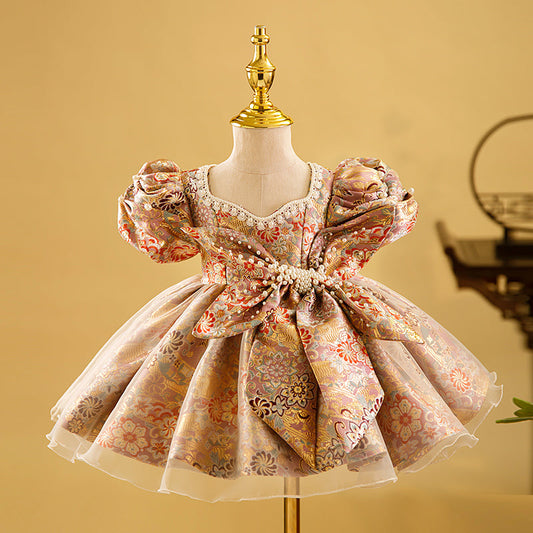 Princess Satin Dress for Girls, Floral Print & Beaded Bow – Perfect for Birthdays & Special Occasions