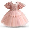 Girls' Sequin Bow Tulle Ball Gown Short Sleeve Dress