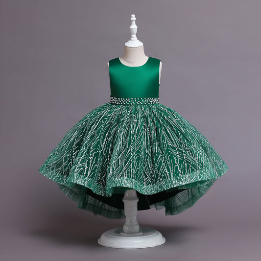 Girls Sequin Satin Ball Gown Sleeveless Tea Length Princess Dress for Parties & Special Occasions