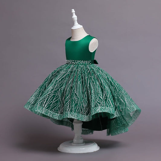 Girls Sequin Satin Ball Gown Sleeveless Tea Length Princess Dress for Parties & Special Occasions