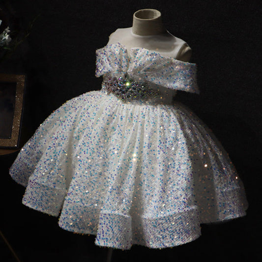 Girls' Sequined Ball Gown – Illusion Neck Sleeveless Knee-Length Dress for Special Occasions