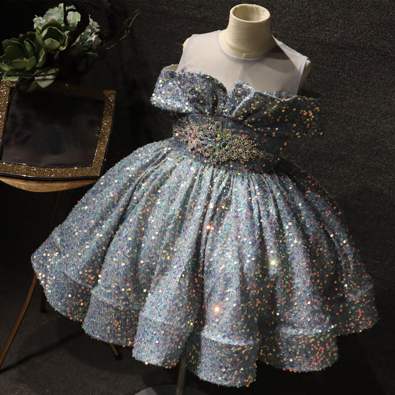 Girls' Sequined Ball Gown – Illusion Neck Sleeveless Knee-Length Dress for Special Occasions