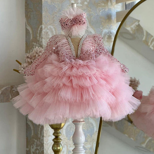 Girls Sequined Tulle Ball Gown – Puffy V-Neck Long Sleeve Dress for Birthdays & Special Occasions