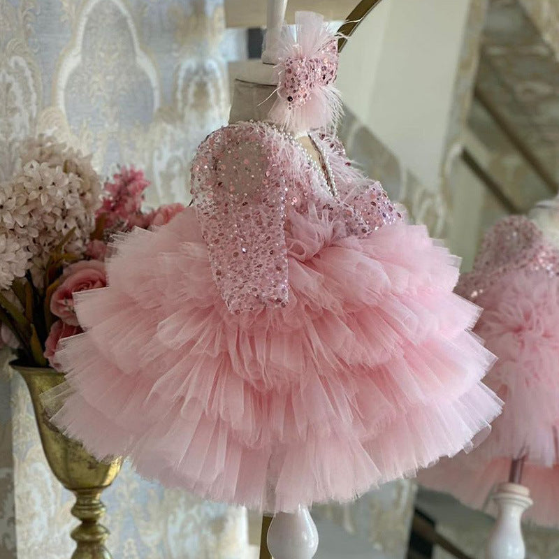 Girls Sequined Tulle Ball Gown – Puffy V-Neck Long Sleeve Dress for Birthdays & Special Occasions