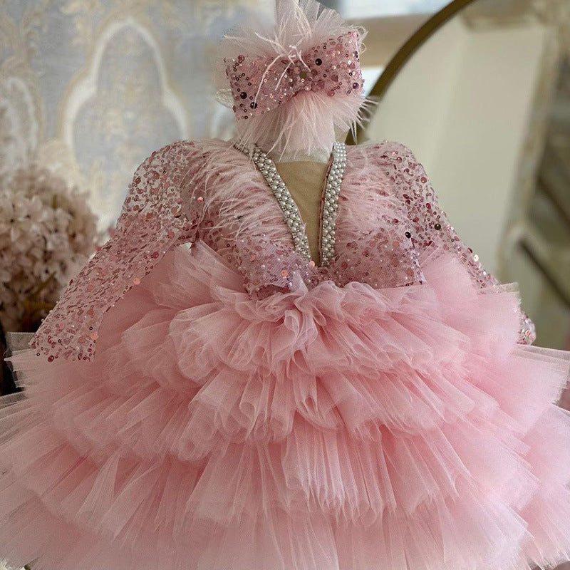 Girls Sequined Tulle Ball Gown – Puffy V-Neck Long Sleeve Dress for Birthdays & Special Occasions
