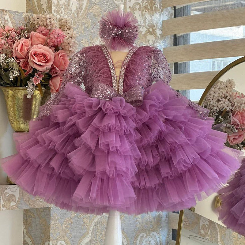 Girls Sequined Tulle Ball Gown – Puffy V-Neck Long Sleeve Dress for Birthdays & Special Occasions