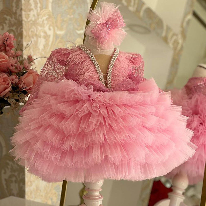 Girls Sequined Tulle Ball Gown – Puffy V-Neck Long Sleeve Dress for Birthdays & Special Occasions