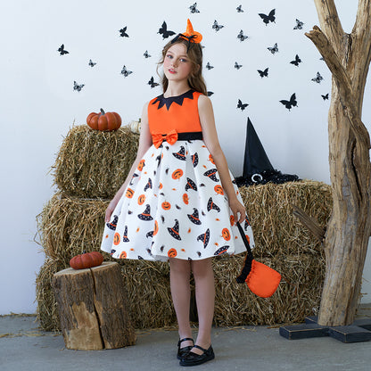 Girl's Orange Pumpkin Print Sleeveless Party Dress – A-Line Tea Length Outfit