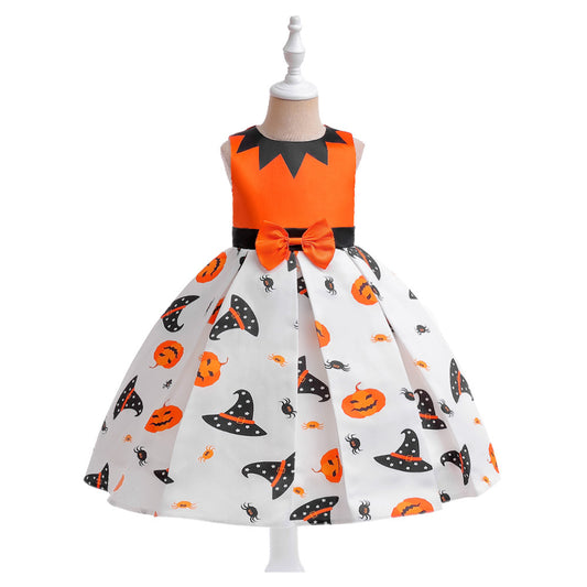 Girl's Orange Pumpkin Print Sleeveless Party Dress – A-Line Tea Length Outfit