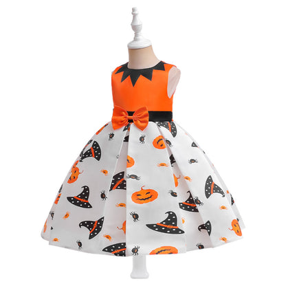 Girl's Orange Pumpkin Print Sleeveless Party Dress – A-Line Tea Length Outfit