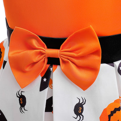 Girl's Orange Pumpkin Print Sleeveless Party Dress – A-Line Tea Length Outfit