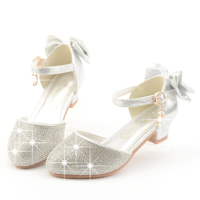 Girls' Sparkly Closed-Toe Party Dress Sandals with Rhinestone Bow
