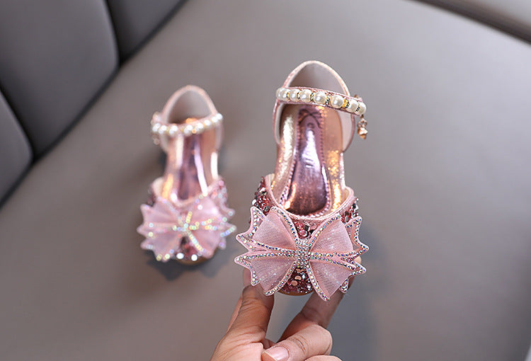 Girls' Sparkly Closed-Toe Dress Shoes with Bow, Pearls & Sequins