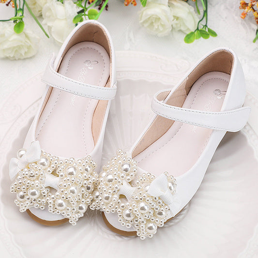 Girls' Sparkly Pearl Bow Dress Shoes – Closed-Toe Flower Girl & Party Shoes