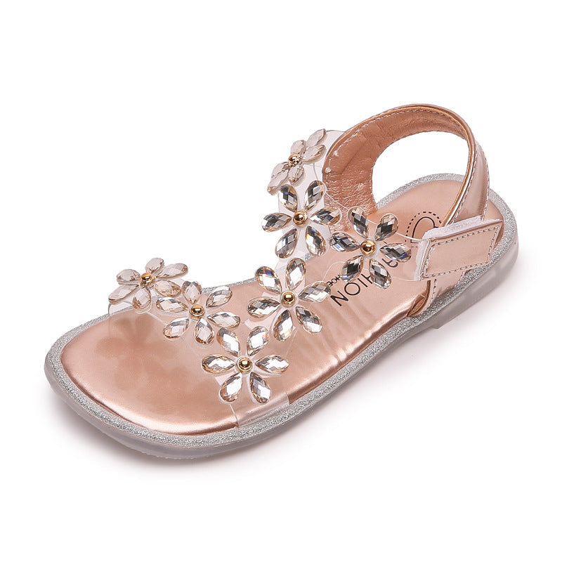 Girls' Sparkly Rhinestone Open-Toe Dress Sandals – Low Heel Party Shoes for Special Occasions