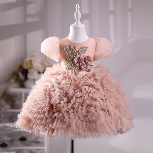 Pink Tulle Princess Dress for Girls, Floral & Sequin Tea-Length - Ages 1-8