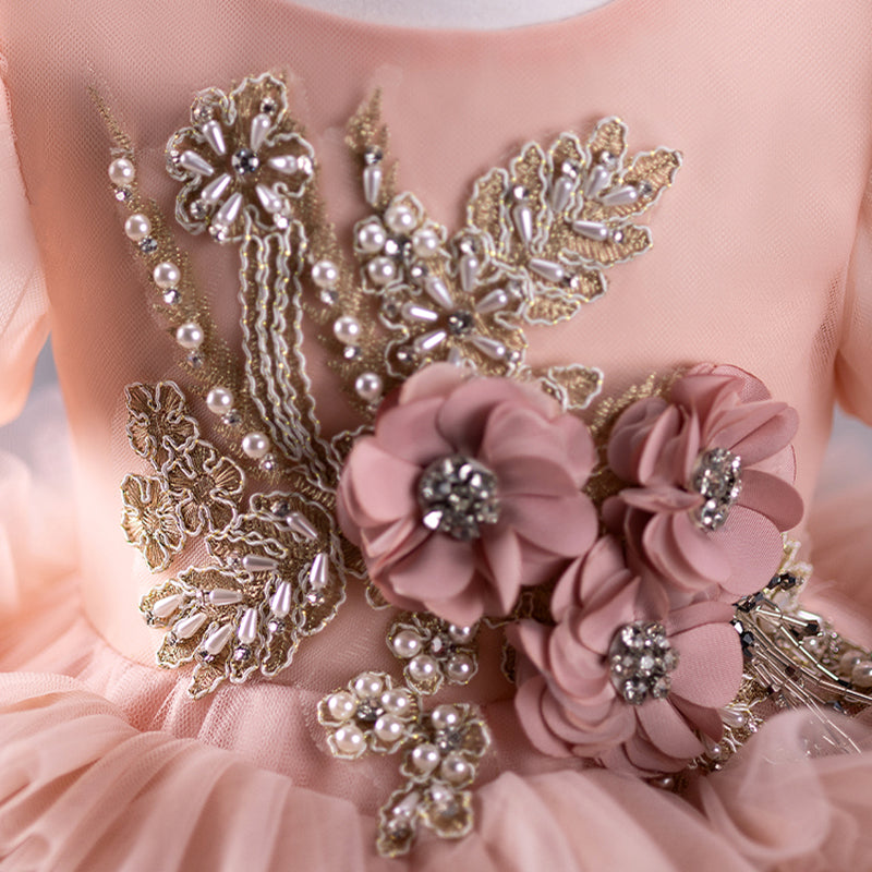 Pink Tulle Princess Dress for Girls, Floral & Sequin Tea-Length - Ages 1-8