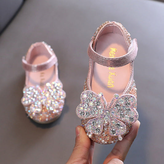 Girls' Glitter Party Shoes with Butterfly & Pearls – Dress Shoes for Special Occasions