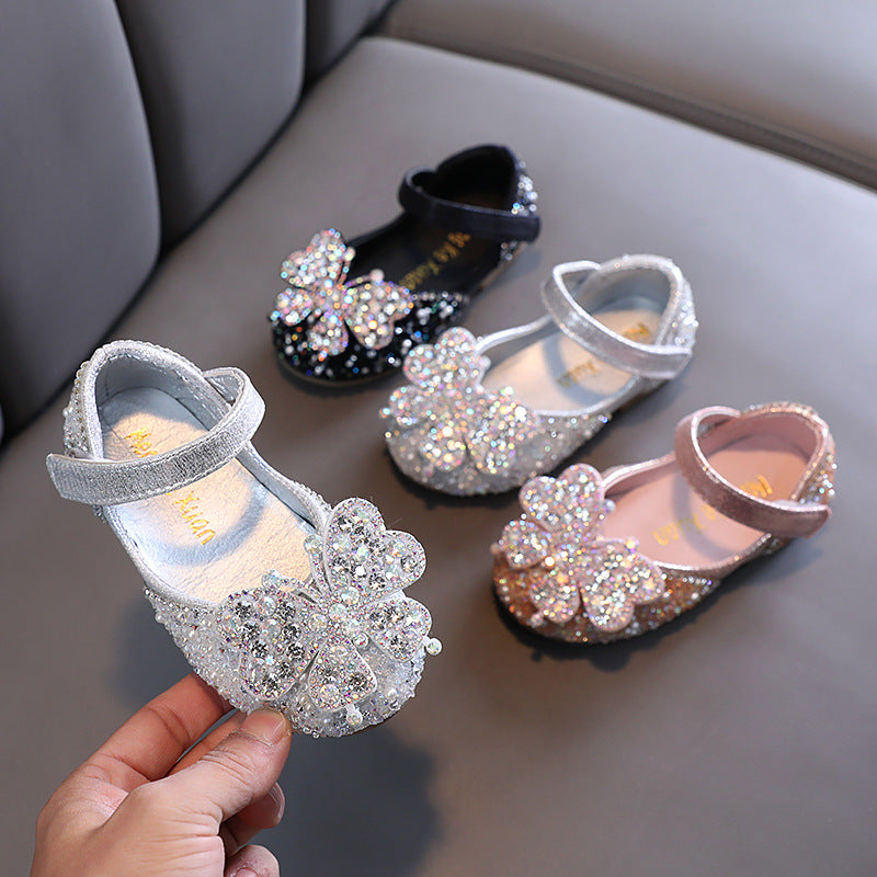 Girls' Glitter Party Shoes with Butterfly & Pearls – Dress Shoes for Special Occasions