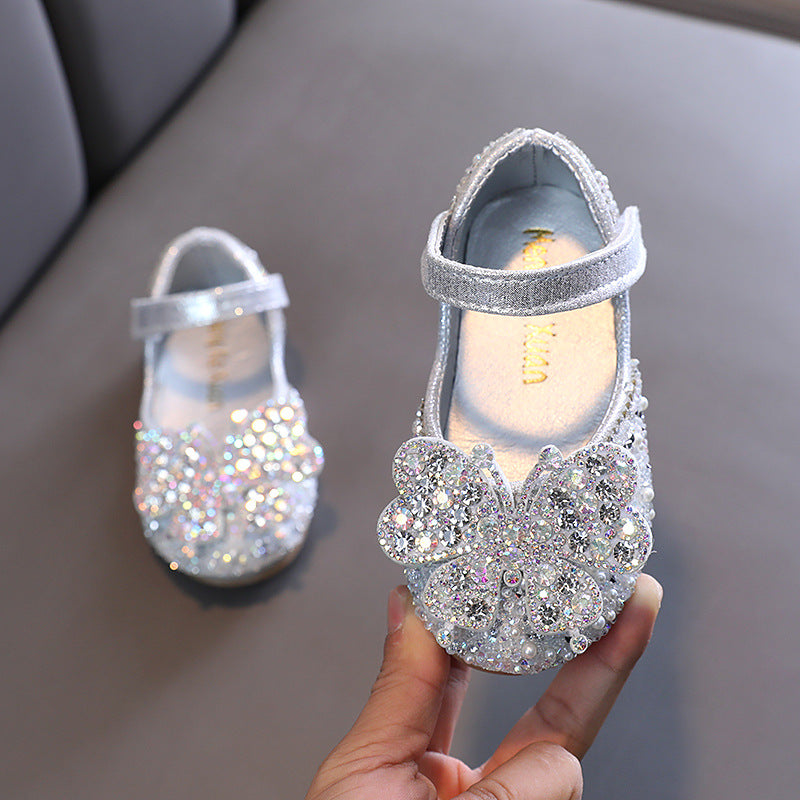 Girls' Glitter Party Shoes with Butterfly & Pearls – Dress Shoes for Special Occasions