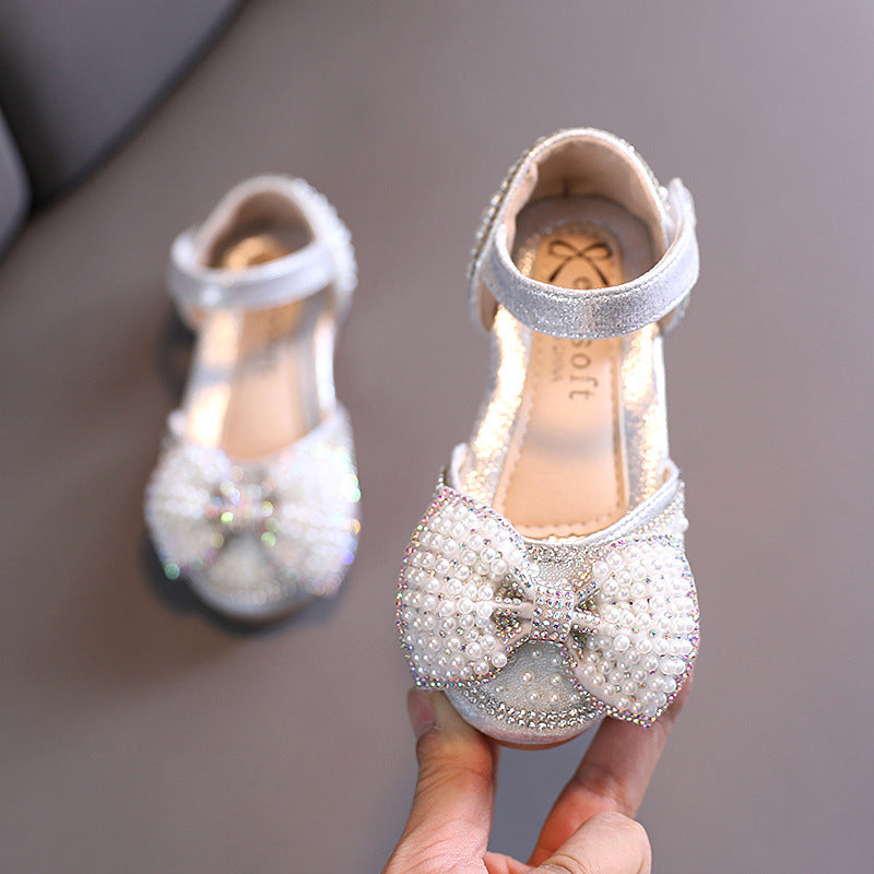 Sparkly Block Heel Closed-Toe Flower Girl Shoes with Pearls & Bows – Party & Occasion Dress Sandals