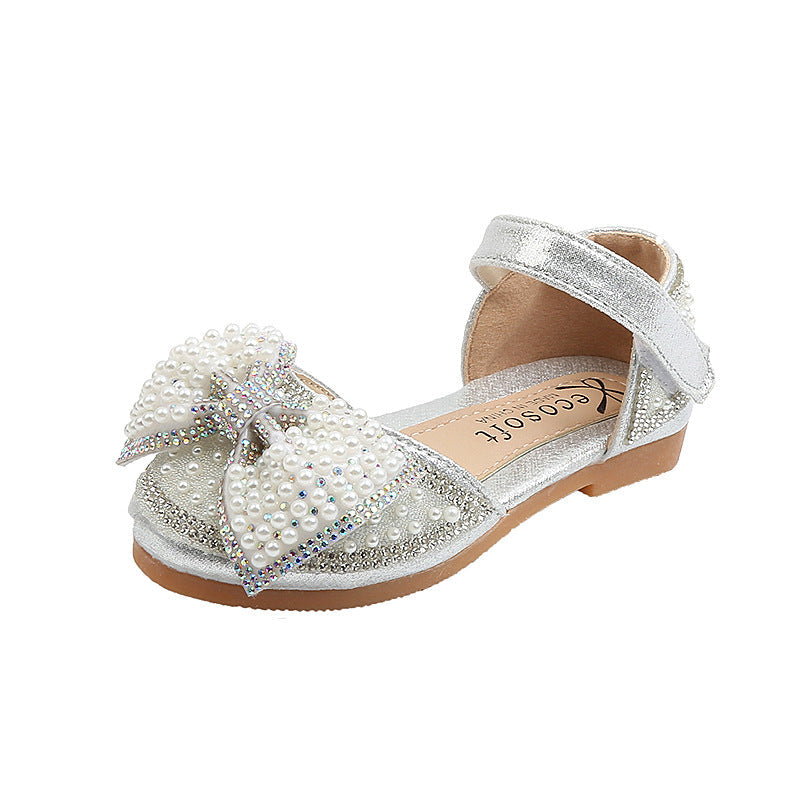 Sparkly Block Heel Closed-Toe Flower Girl Shoes with Pearls & Bows – Party & Occasion Dress Sandals