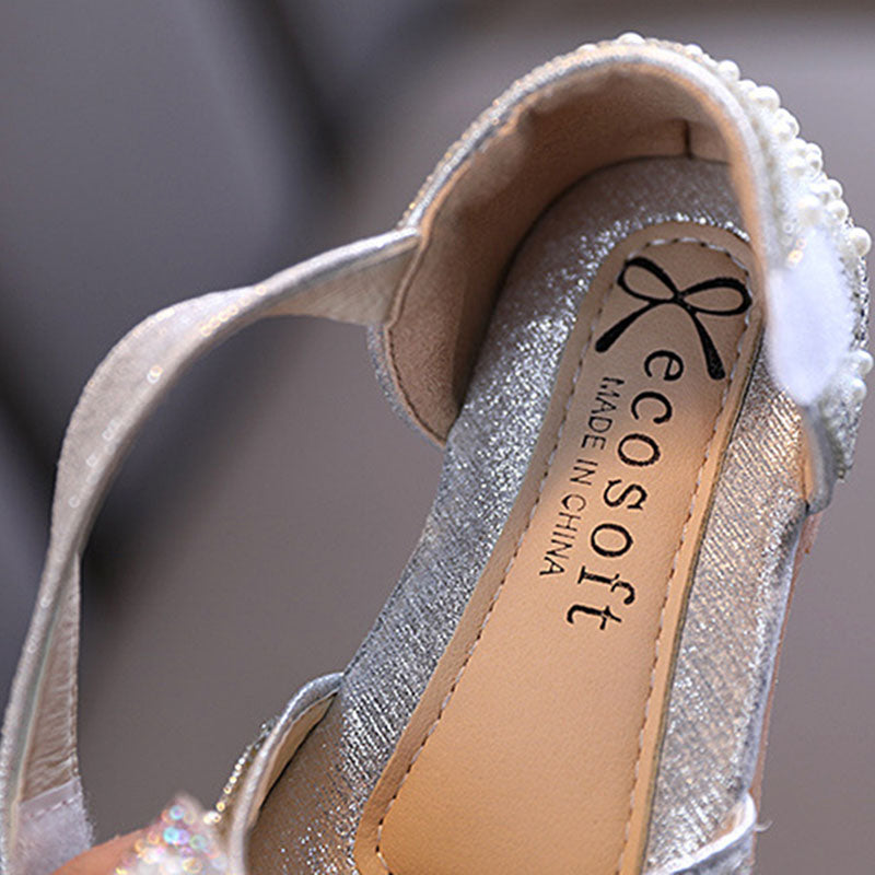 Sparkly Block Heel Closed-Toe Flower Girl Shoes with Pearls & Bows – Party & Occasion Dress Sandals