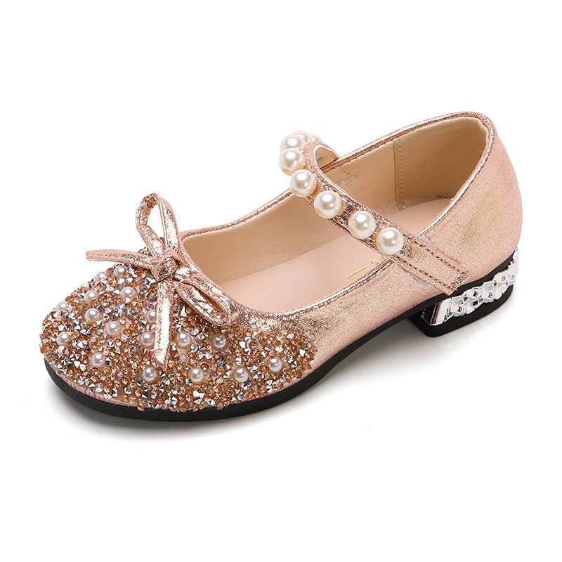 Girls' Glitter Flower Girl Party Shoes with Pearls, Rhinestones, and Bows