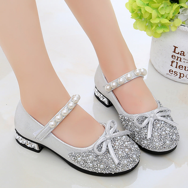 Girls' Glitter Flower Girl Party Shoes with Pearls, Rhinestones, and Bows