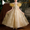 Gold A-line Floor-Length Flower Girl Dress with Sequins and Lace