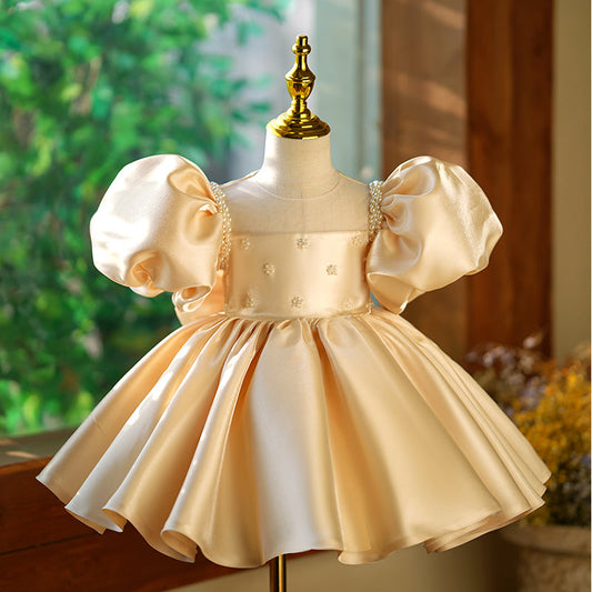 Gold Organza Princess Flower Girl Dress - Beaded Puff Sleeves